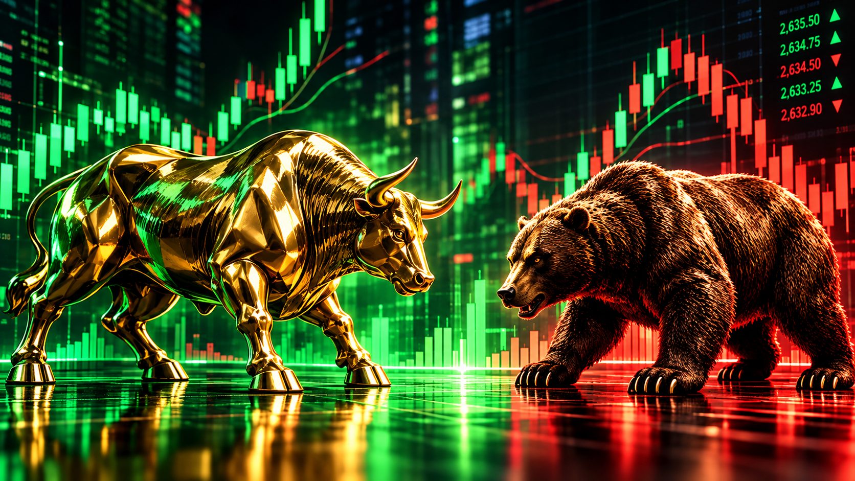 Gold bull and bear statues facing off in front of candlestick price charts, symbolizing market sentiment