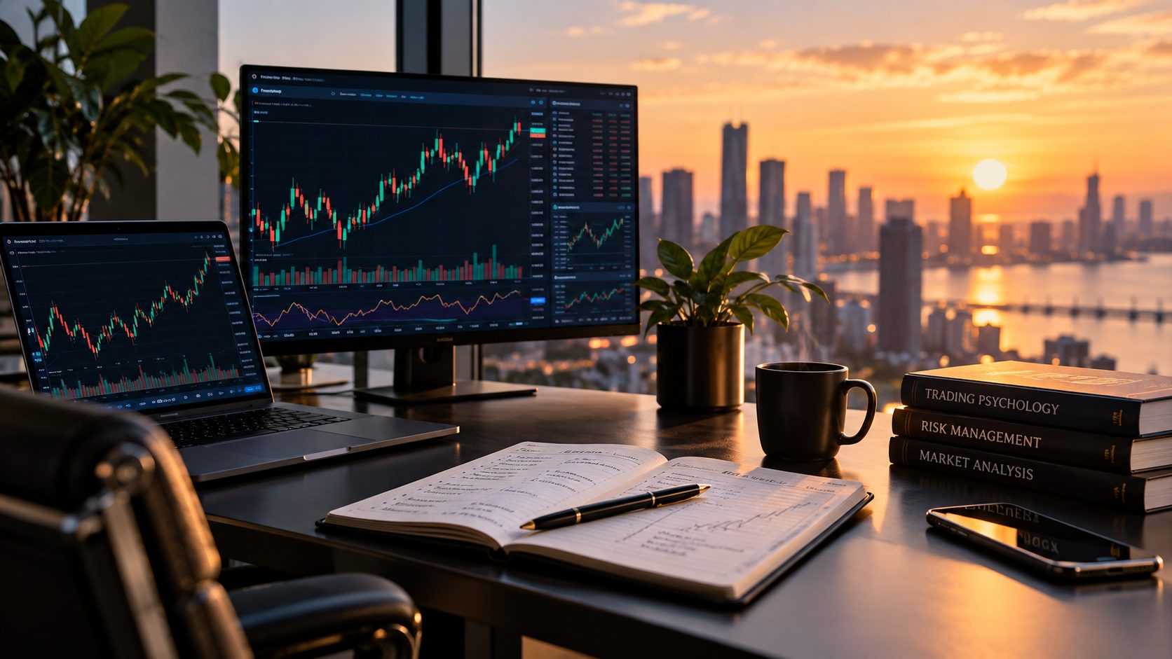 Trading desk at sunrise with charts on screen, an open journal, and books on trading psychology, risk management, and market analysis
