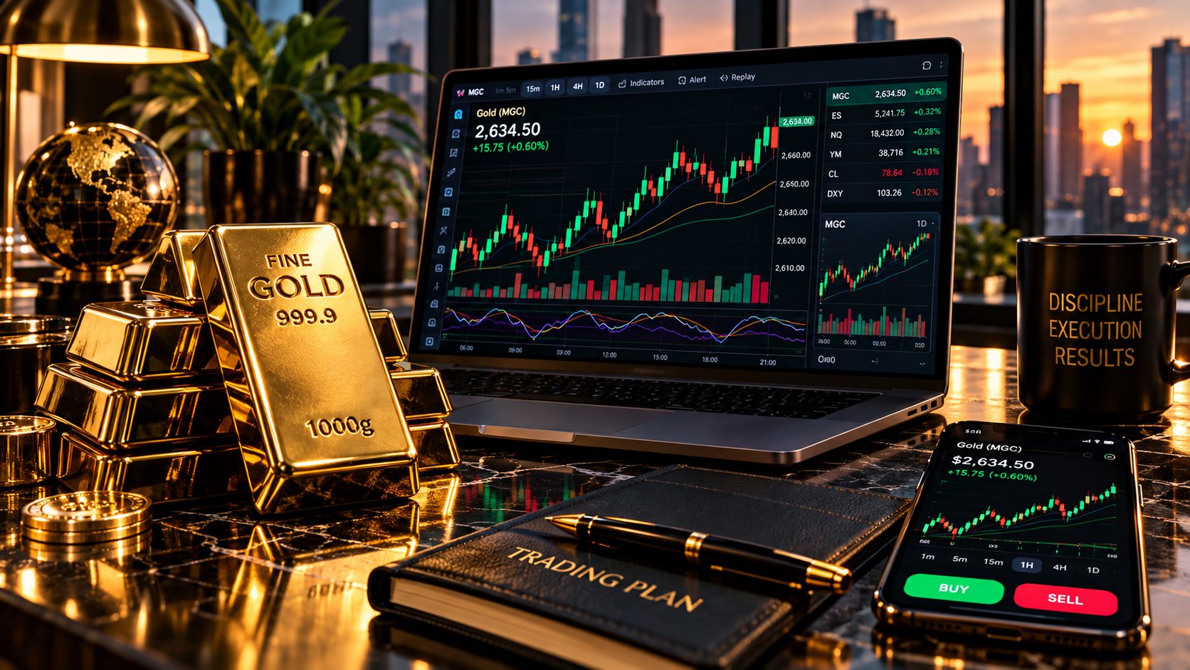 Trading desk with gold bars, a leather-bound trading plan journal, and a phone and laptop showing live charts