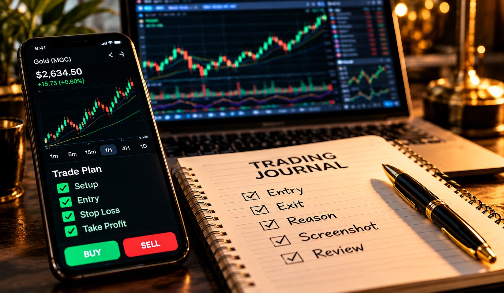 Phone and laptop showing a trade plan checklist beside a handwritten trading journal